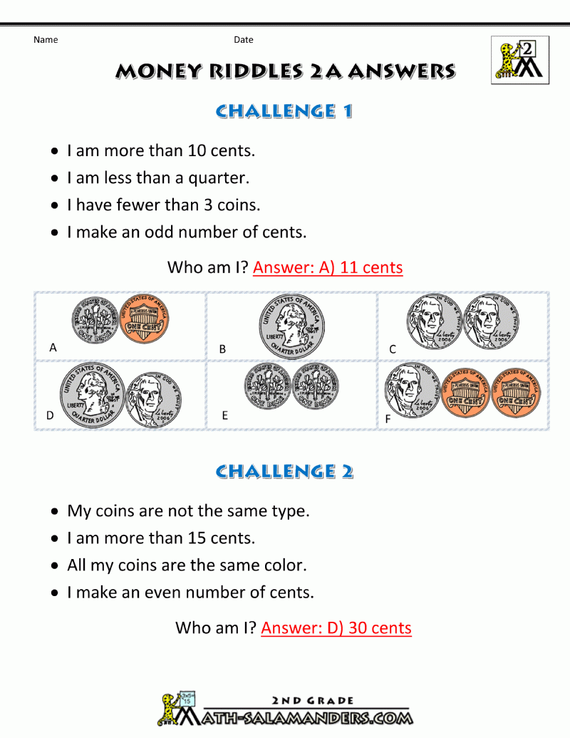 Money Math Worksheets Money Riddles
