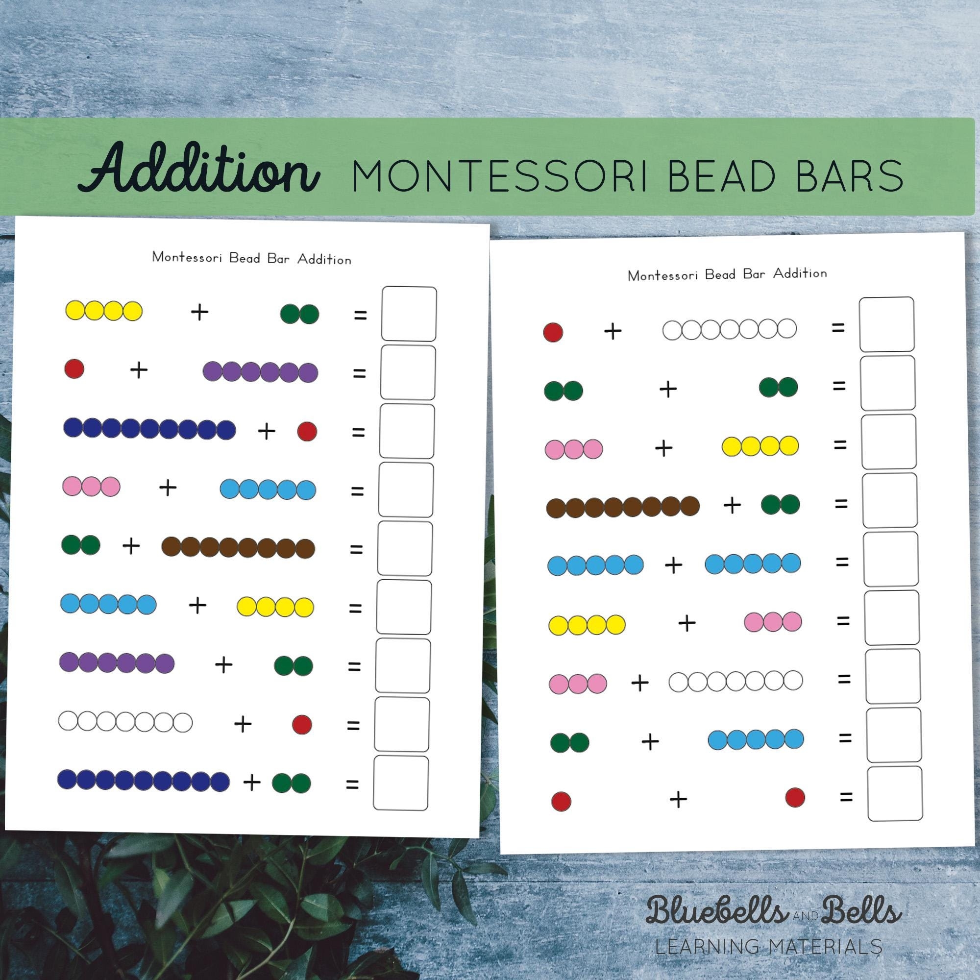 Montessori Bead Bars Addition To 10 Worksheets Montessori Kindergarten Math Printable Etsy