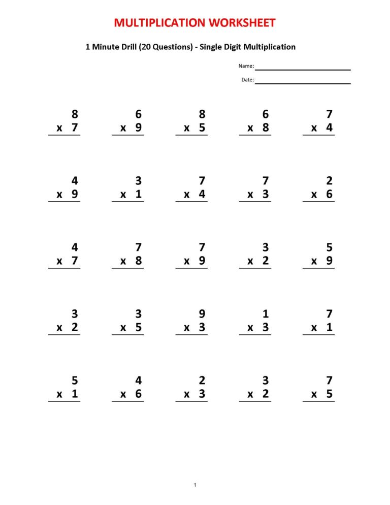 Multiplication 1 Minute Drill V 10 Math Worksheets With Answers