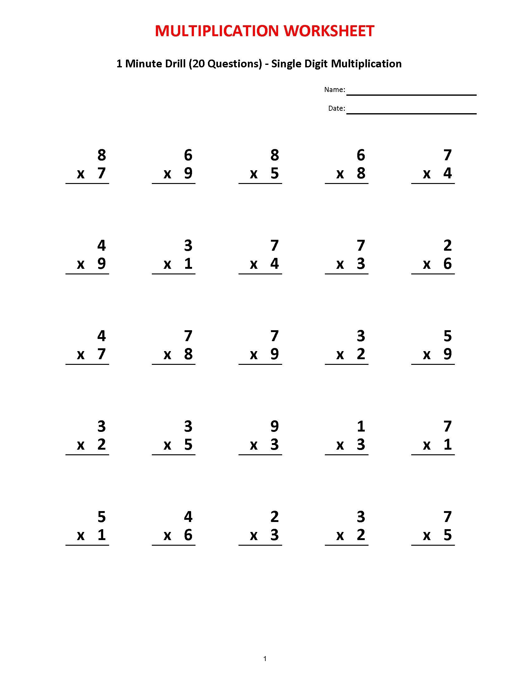 Multiplication 1 Minute Drill V 10 Math Worksheets With Answers 