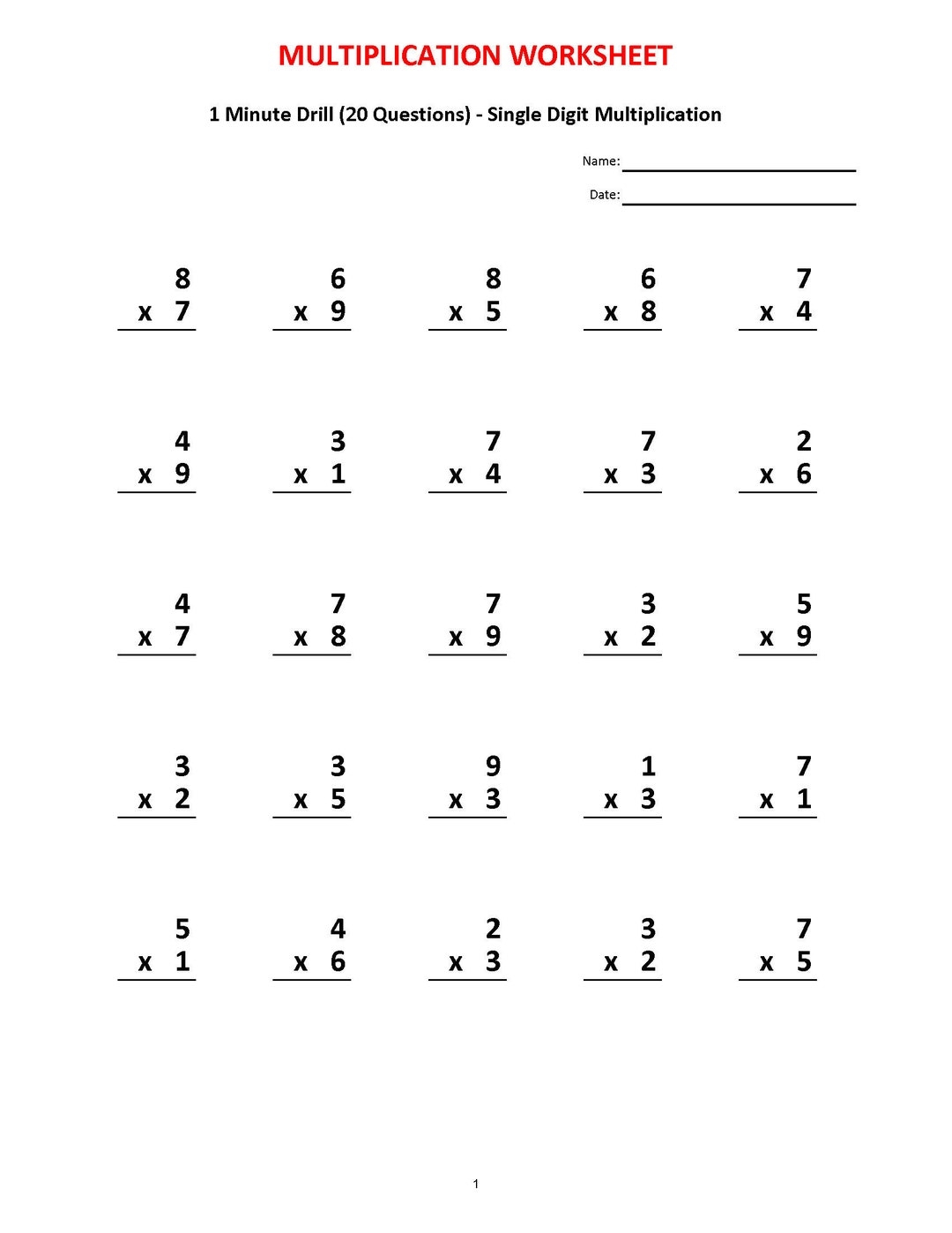 Multiplication 1 Minute Drill V 10 Math Worksheets With Answers Pdf Year 2 3 4 Grade 2 3 4 printable Worksheets Multiplication Test Etsy