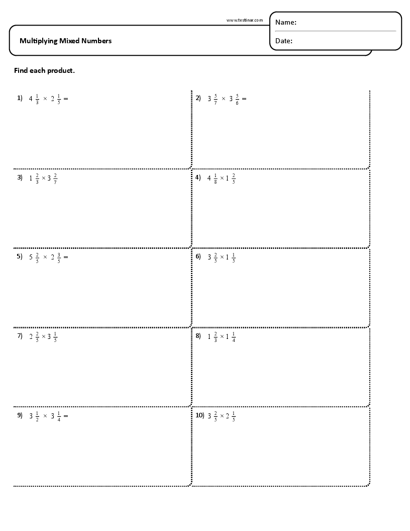 Multiplying Mixed Numbers Worksheets