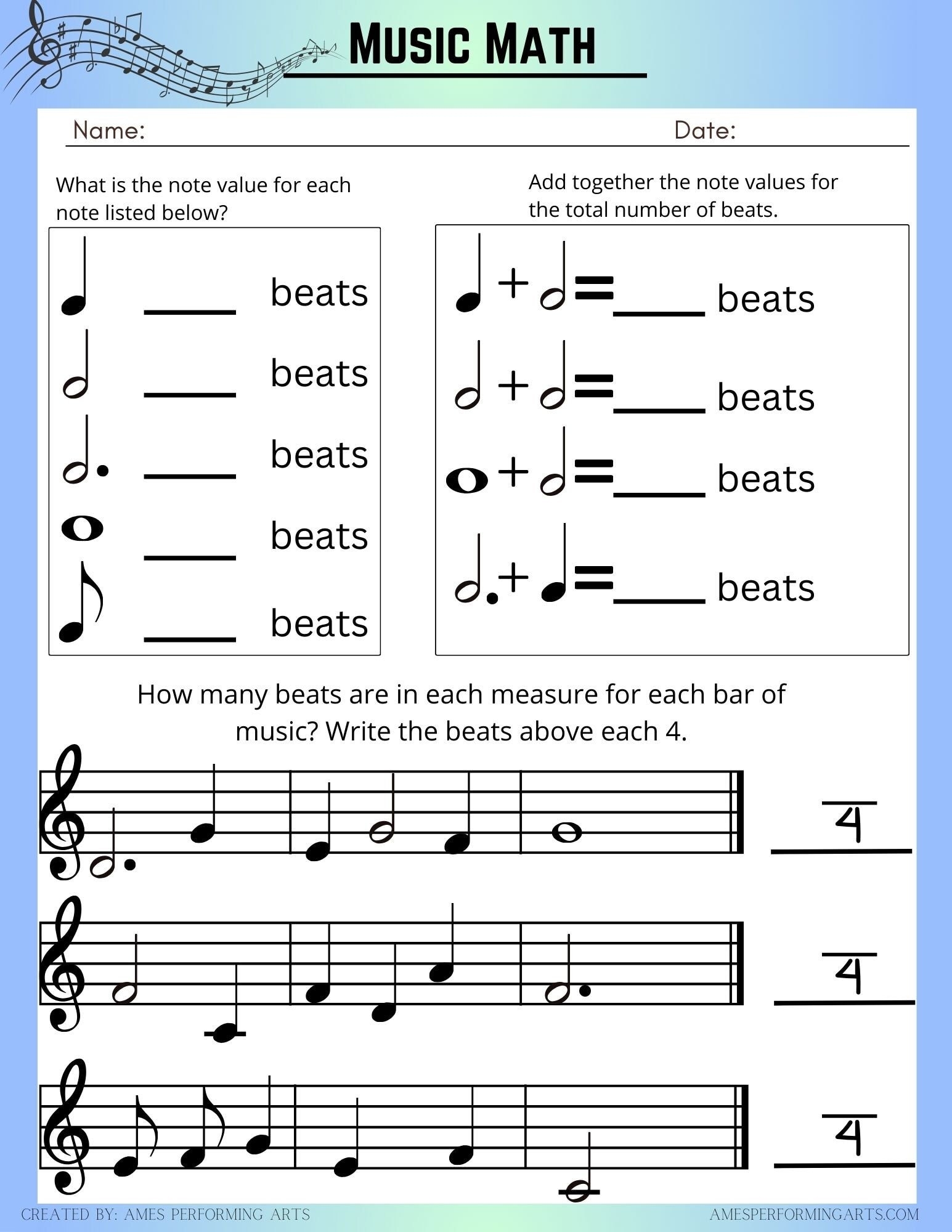 Music Math Worksheet
