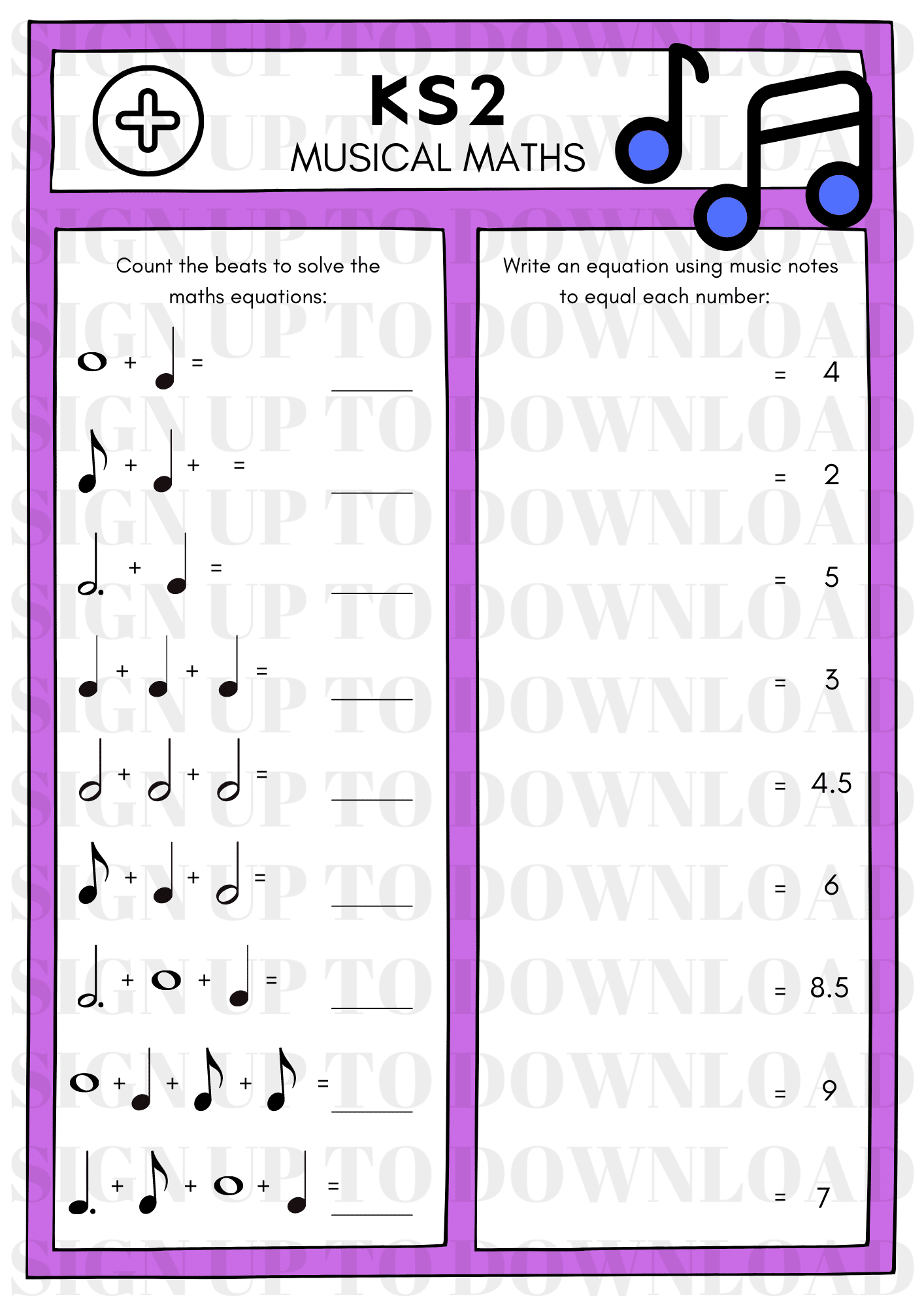 Musical Maths Worksheet Addition Activity Schools Music Market