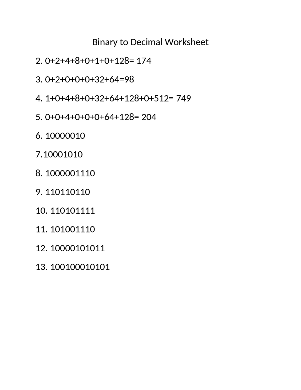 Binary Math Worksheet