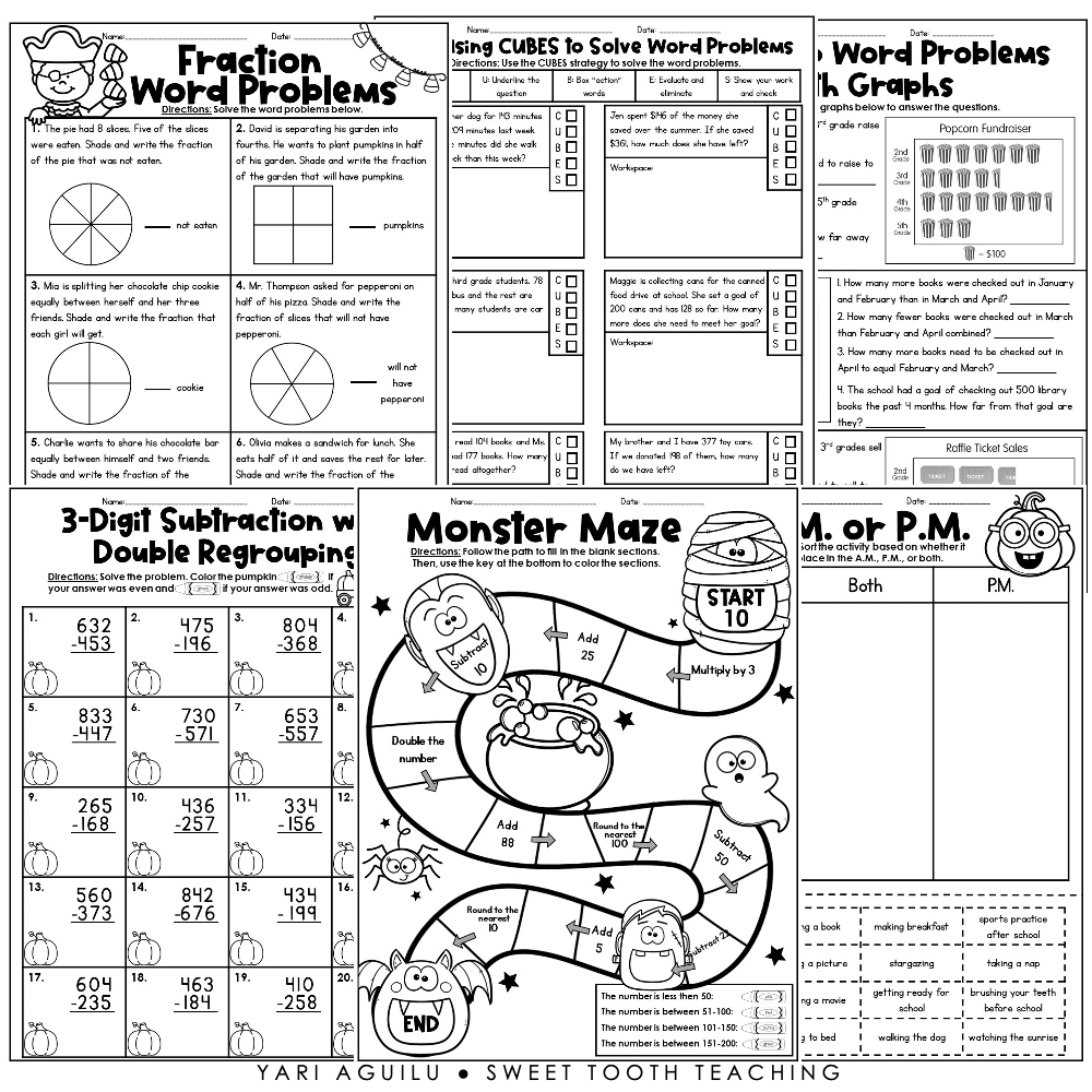 October No Prep Review Activities Homeschooling Math Worksheets U0026 Grammar Reading Worksheets 3rd Grade