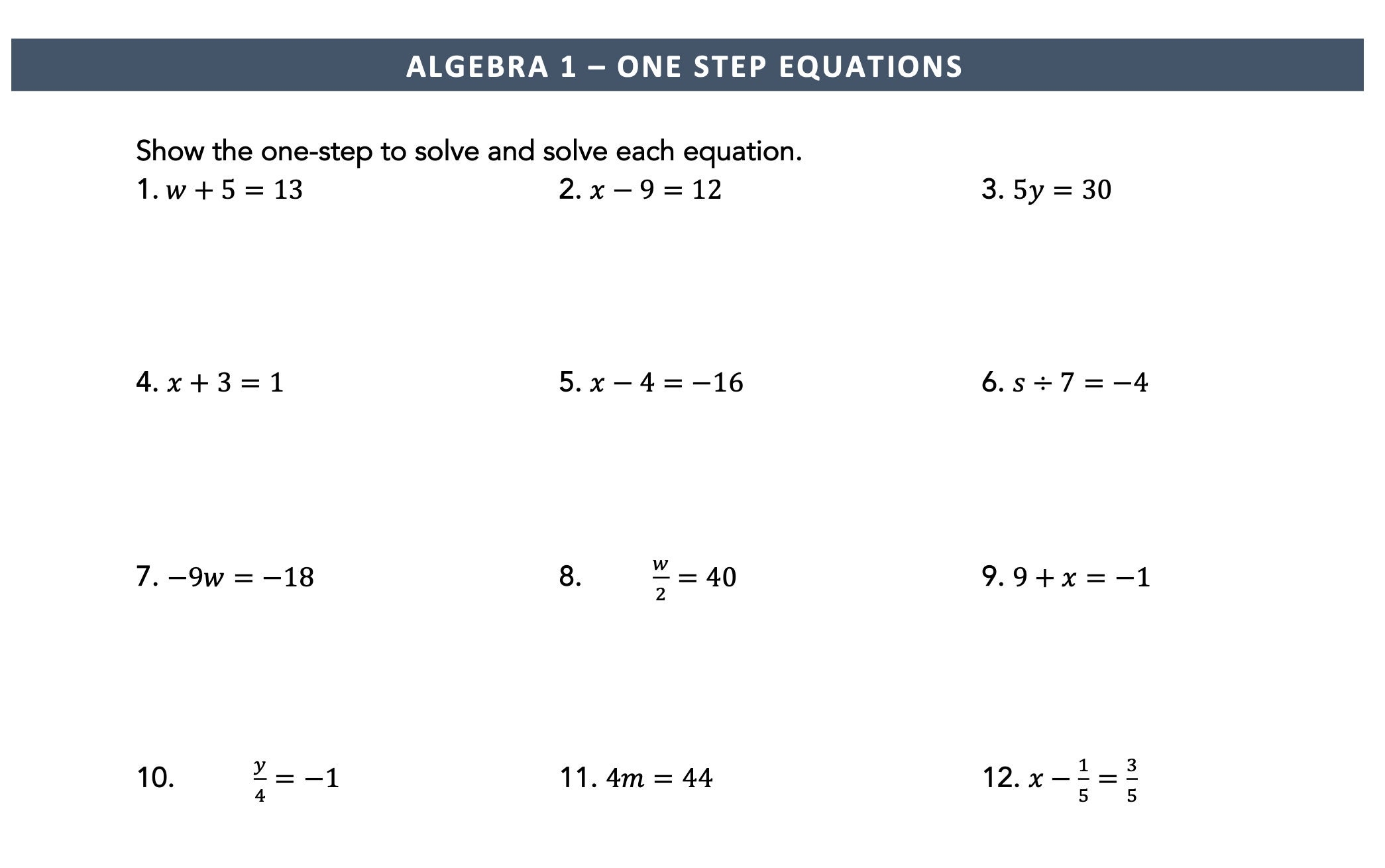 Math Equations Worksheets