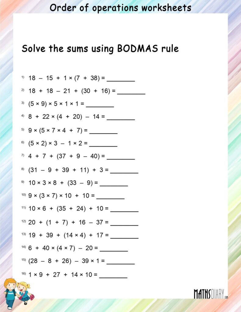 Math Worksheets Order Of Operations