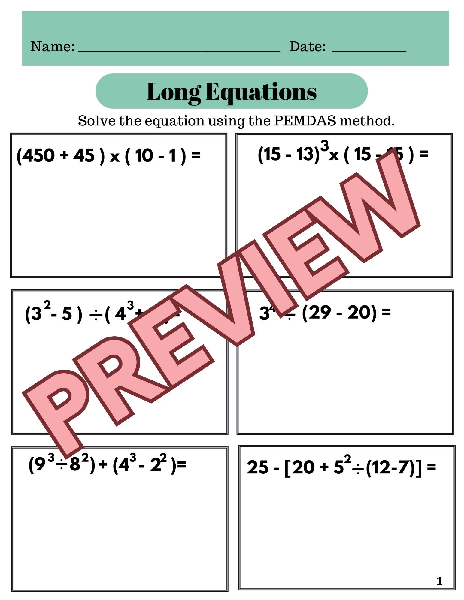 ORDER OF OPERATIONS PEMDAS Middle School Math Worksheets Classful