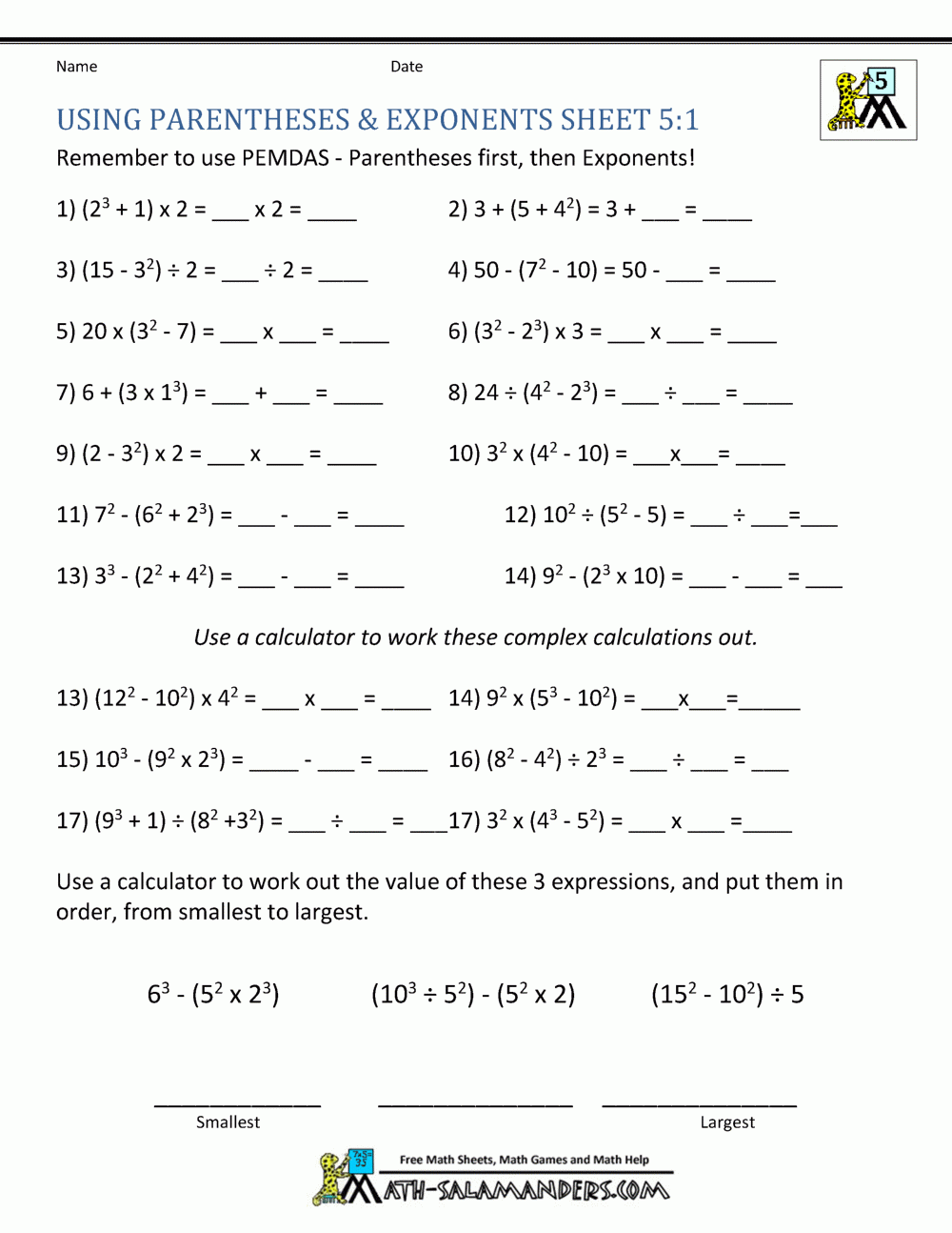 Exponents Math Worksheets