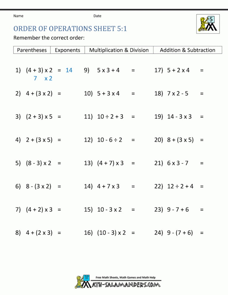 PEMDAS Problems Worksheets 5th Grade