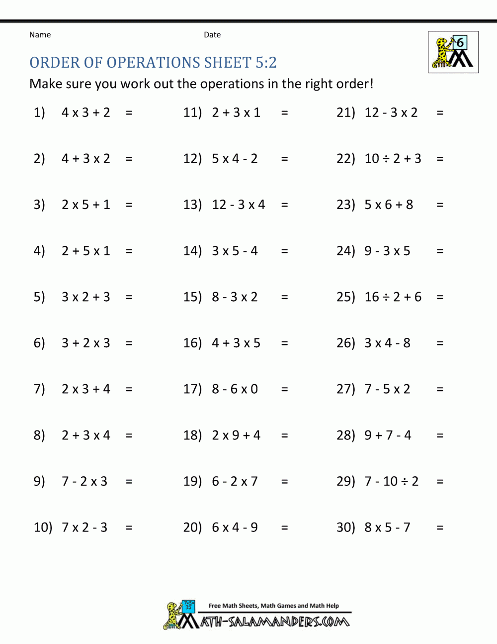PEMDAS Problems Worksheets 5th Grade