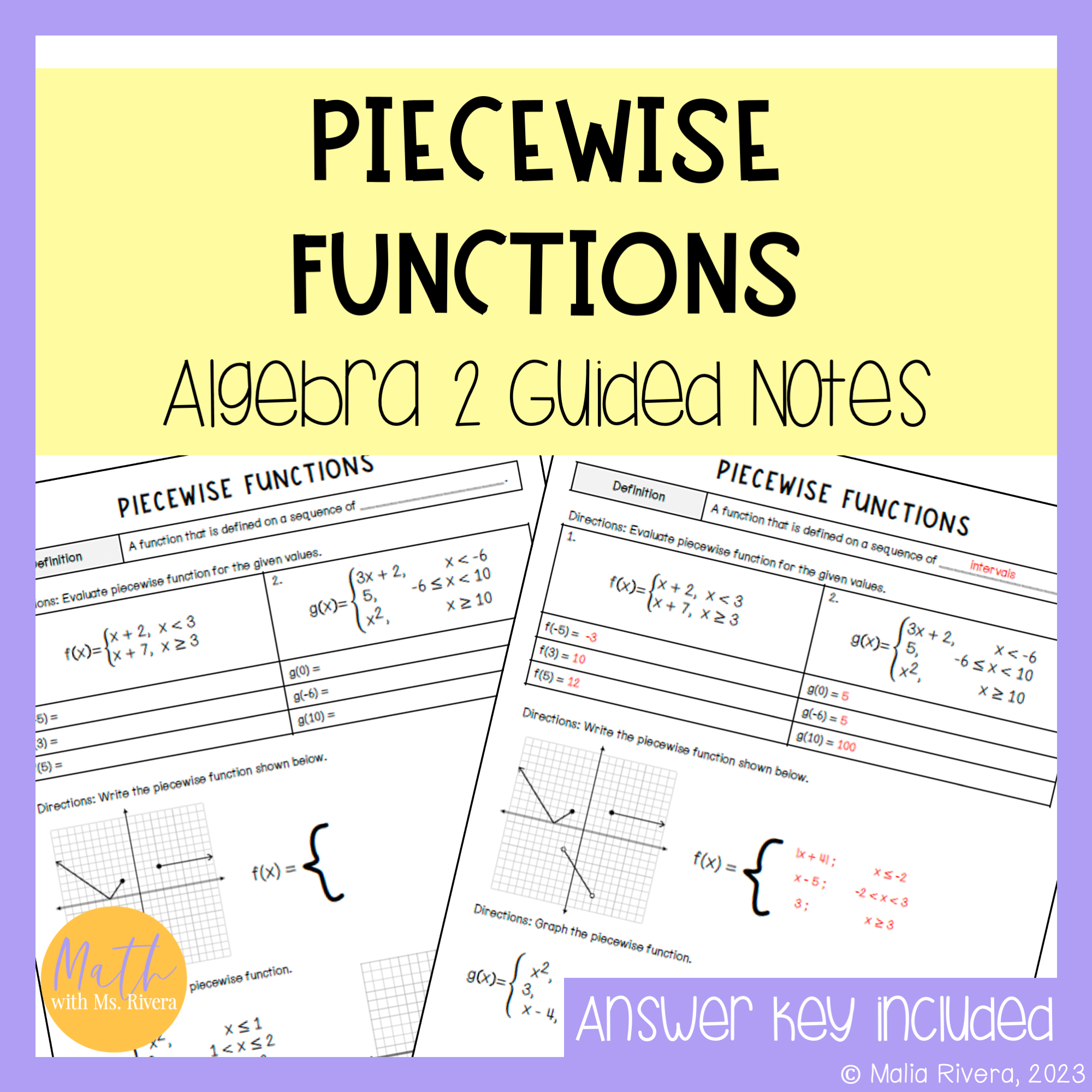 Piecewise Functions Guided Notes Of Algebra 2 Classful