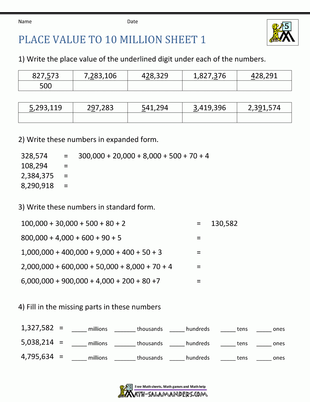 Place Value Worksheet Up To 10 Million