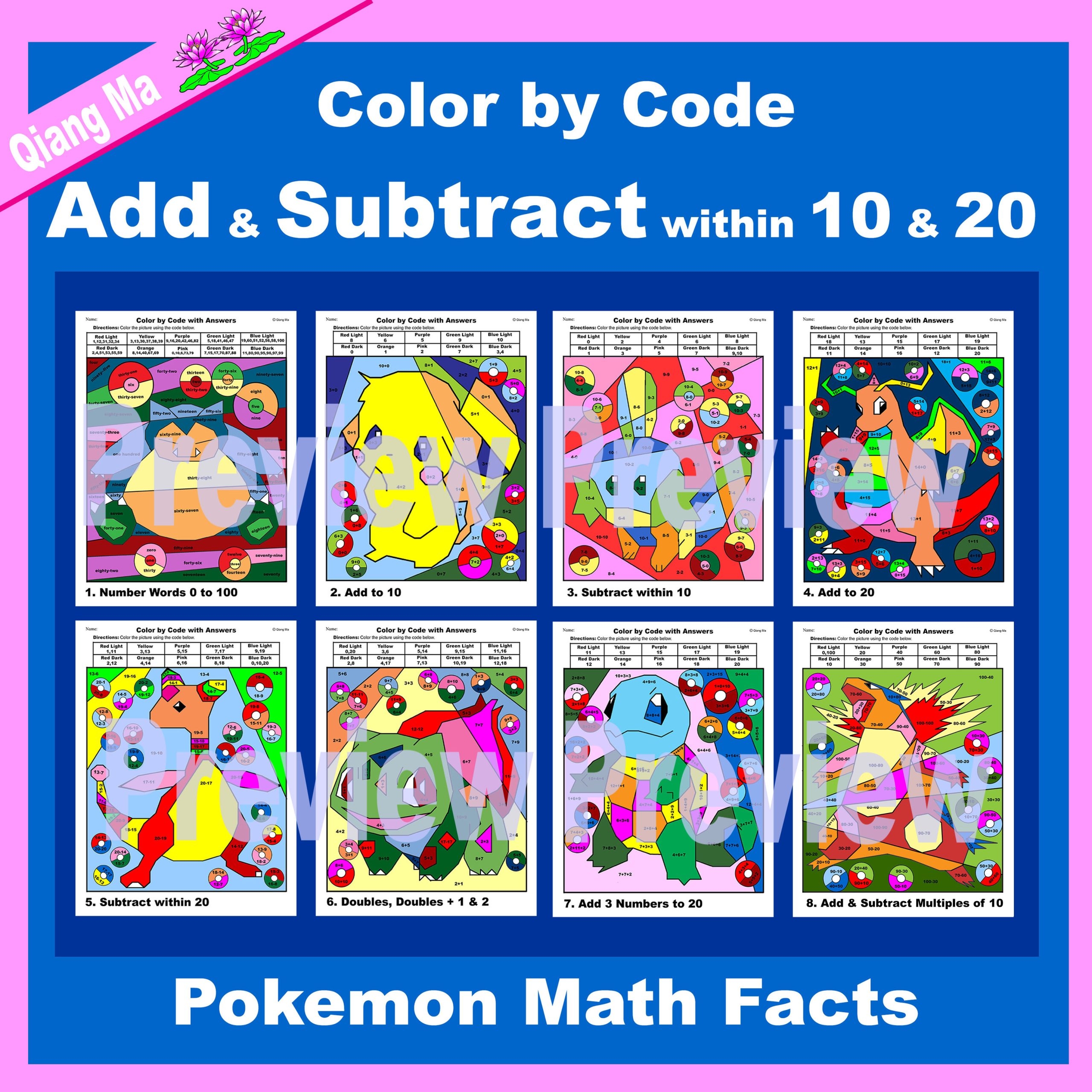 Pokemon Color By Code Add And Subtract Within 10 And 20