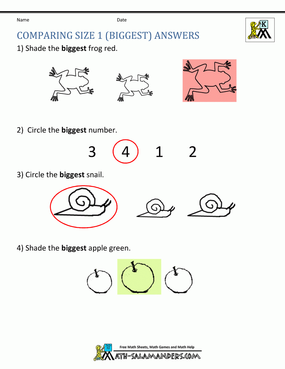 Printable Kindergarten Math Worksheets Comparing Numbers And Size