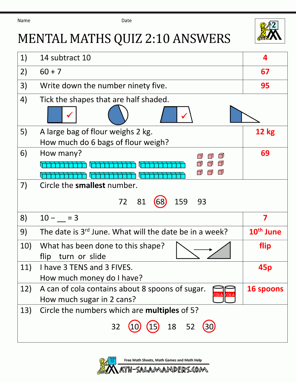 Printable Mental Maths Year 2 Worksheets