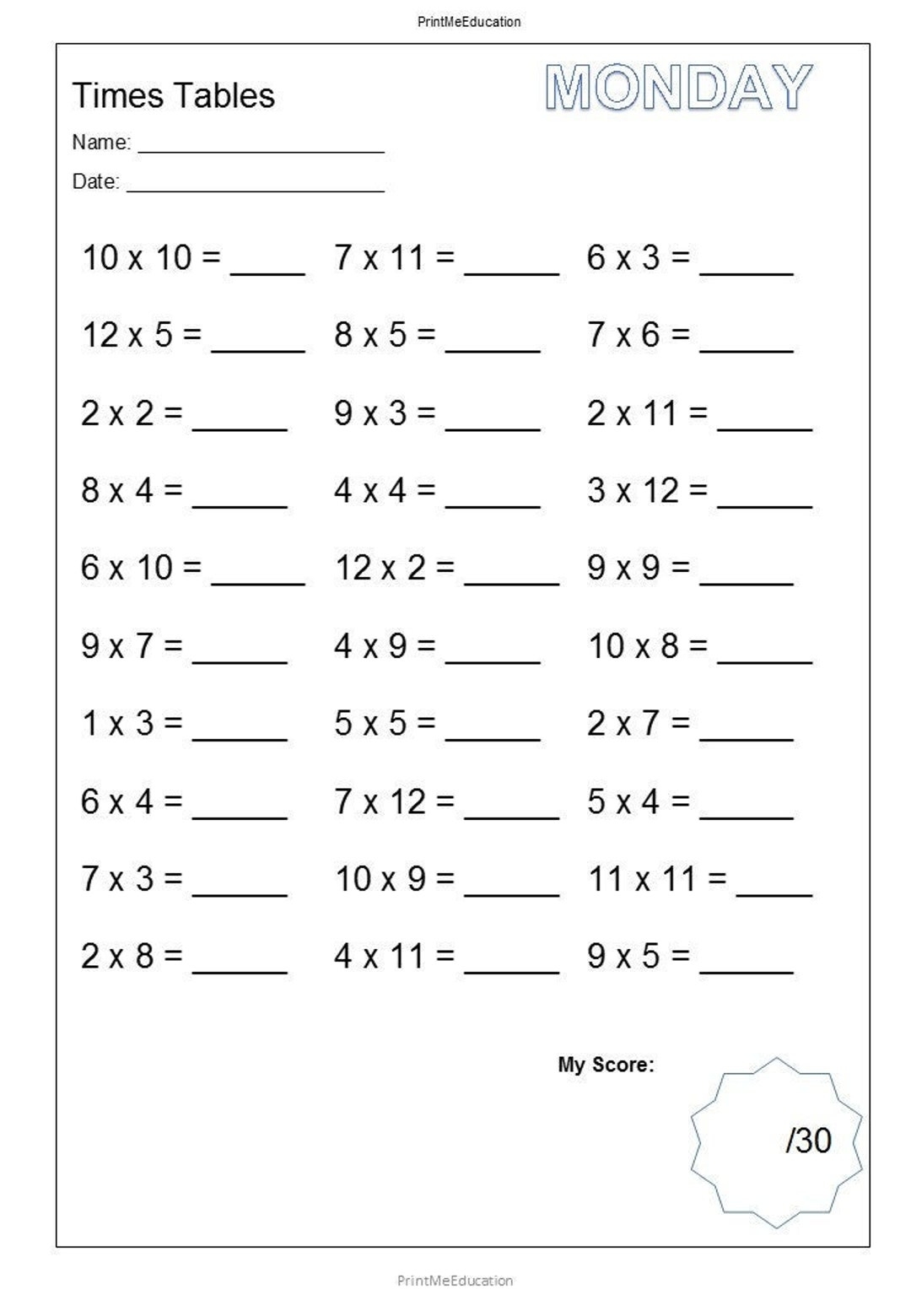 Printable Mixed Multiplying Daily Practice Worksheets With Answer Key Mixed Times Tables Numbers 1 12 Etsy