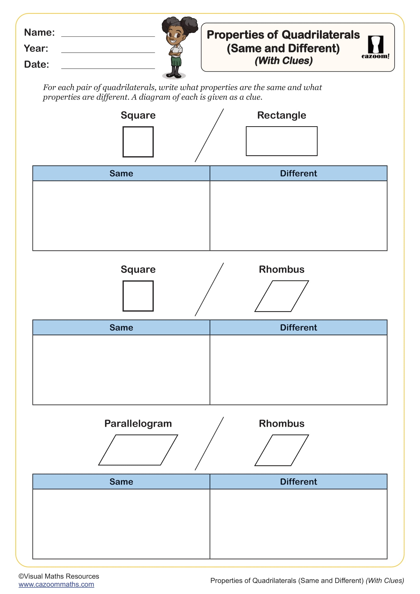 Properties Of Quadrilaterals Same And Different with Clues 
