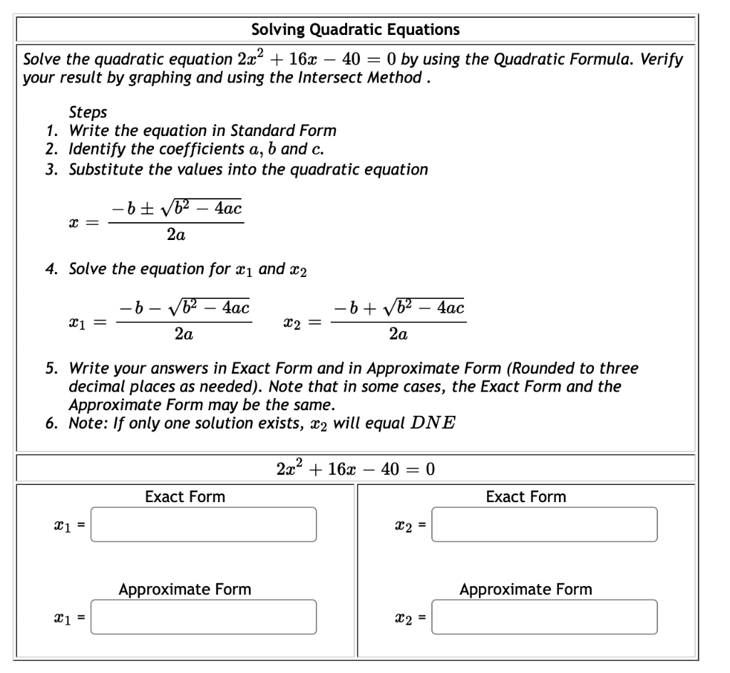 Quadratic Formula Math 154B Solving Using The Quadratic Formula Worksheets Library