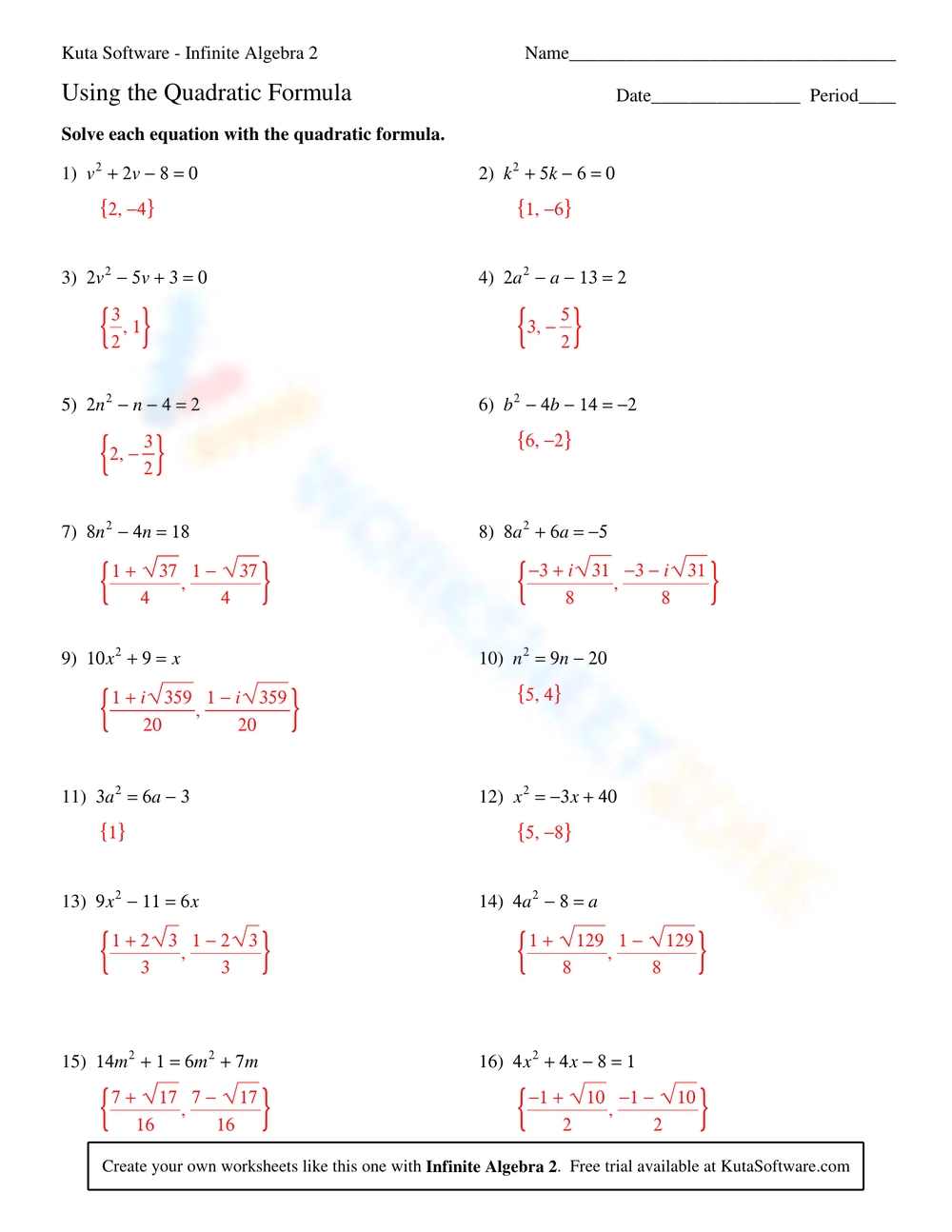 Math 154b Quadratic Formula Worksheet Answers