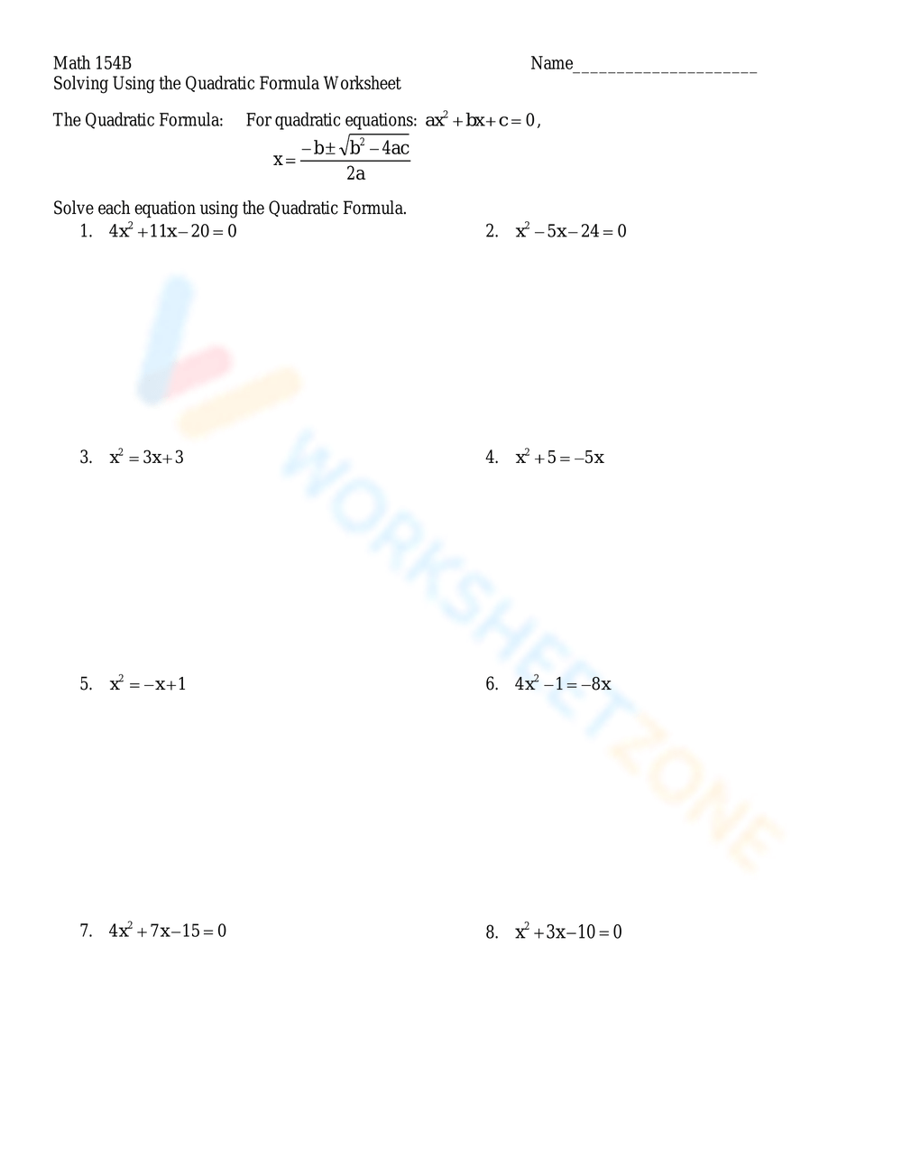 Quadratic Formula Worksheets 2025