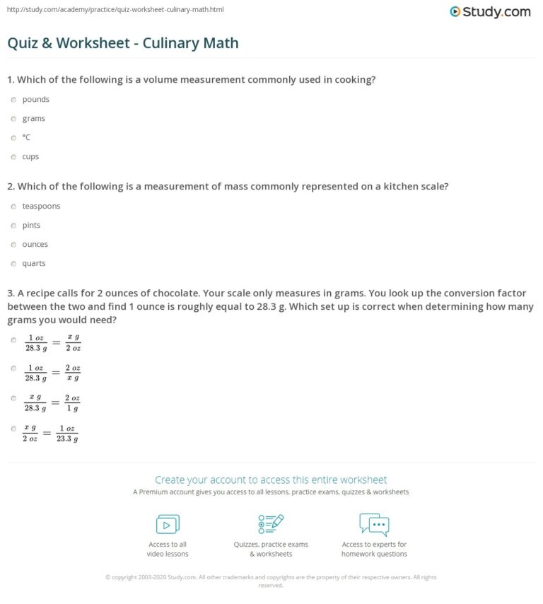 Quiz U0026 Worksheet Culinary Math Study Worksheets Library