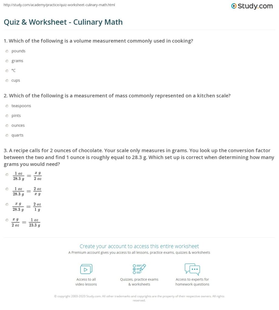 Quiz U0026 Worksheet Culinary Math Study Worksheets Library