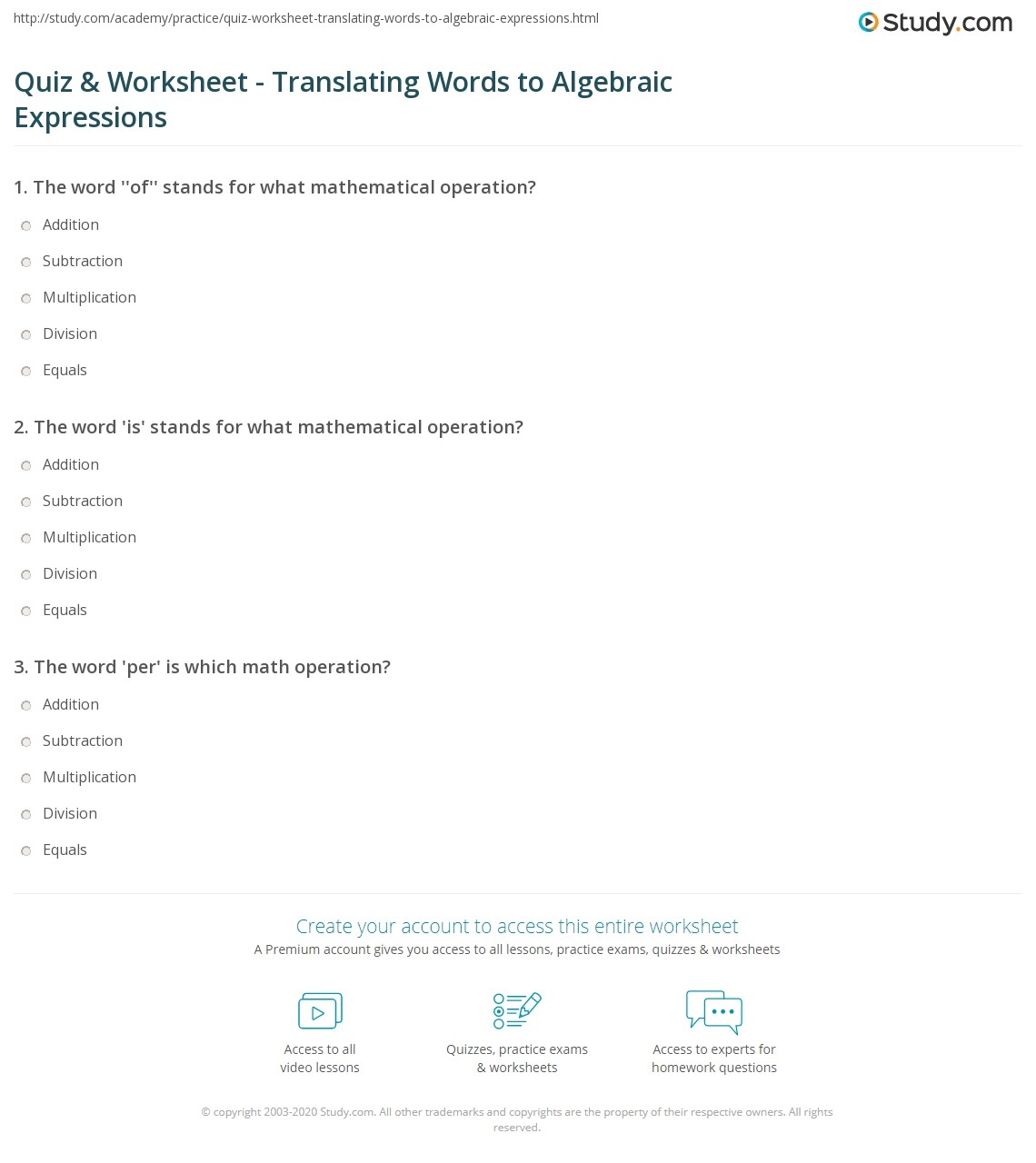 Translating Math Expressions Worksheet