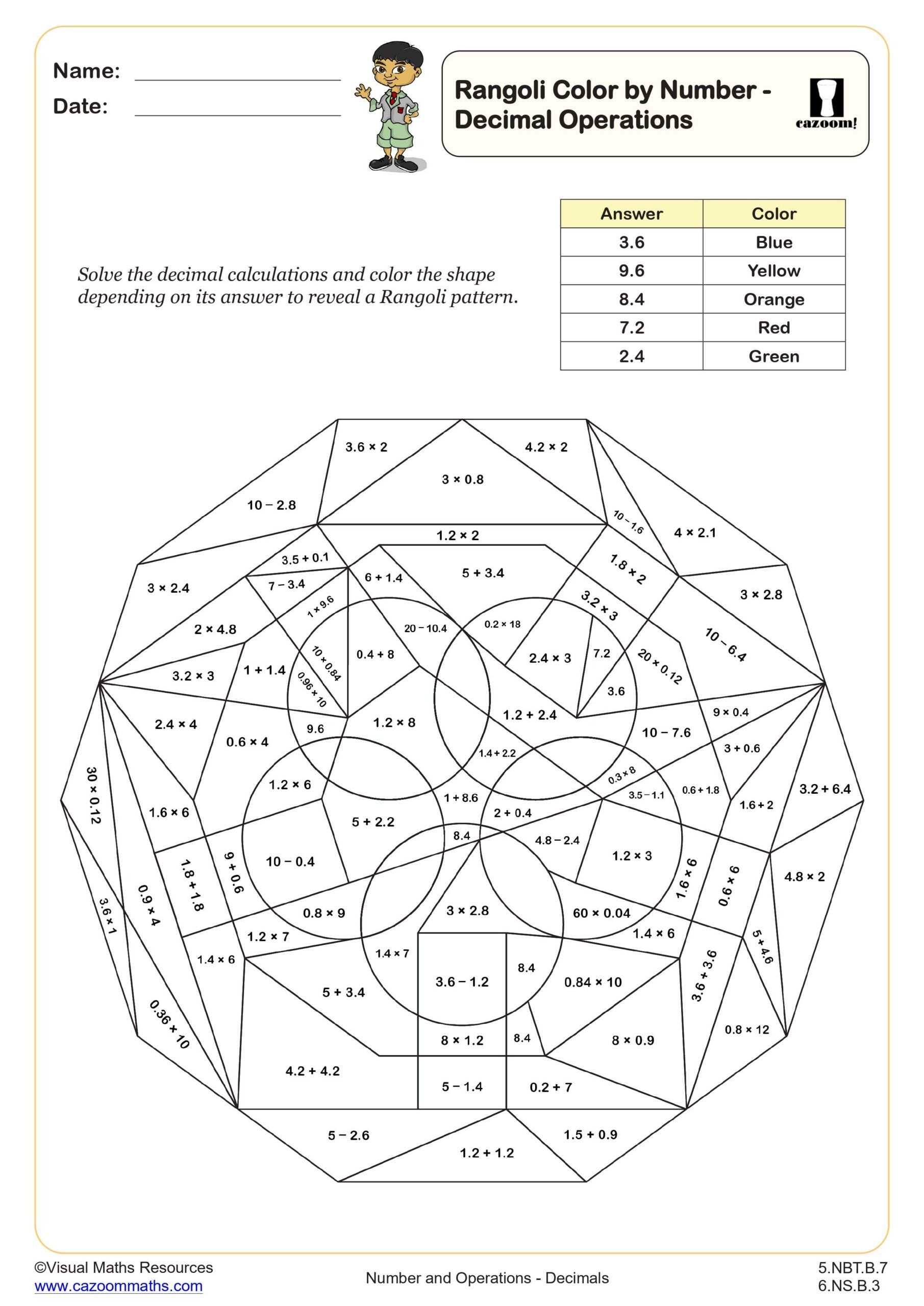 Rangoli Color By Number Decimal Operations Worksheet Printable PDF 5th And 6th Grade Number U0026 Operations Worksheet