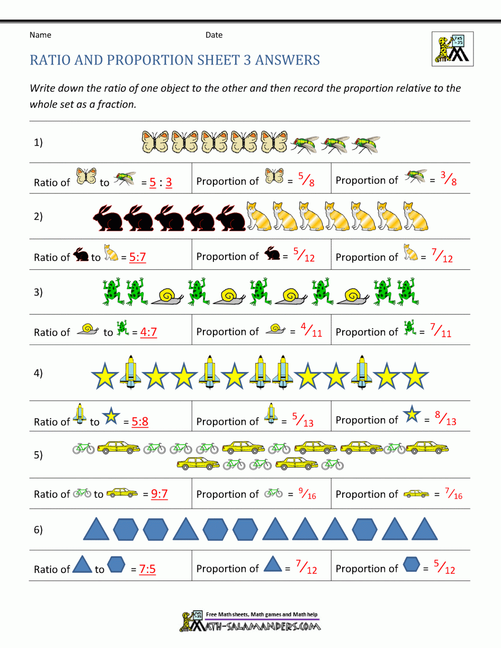 6th Grade Math Ratios Worksheets