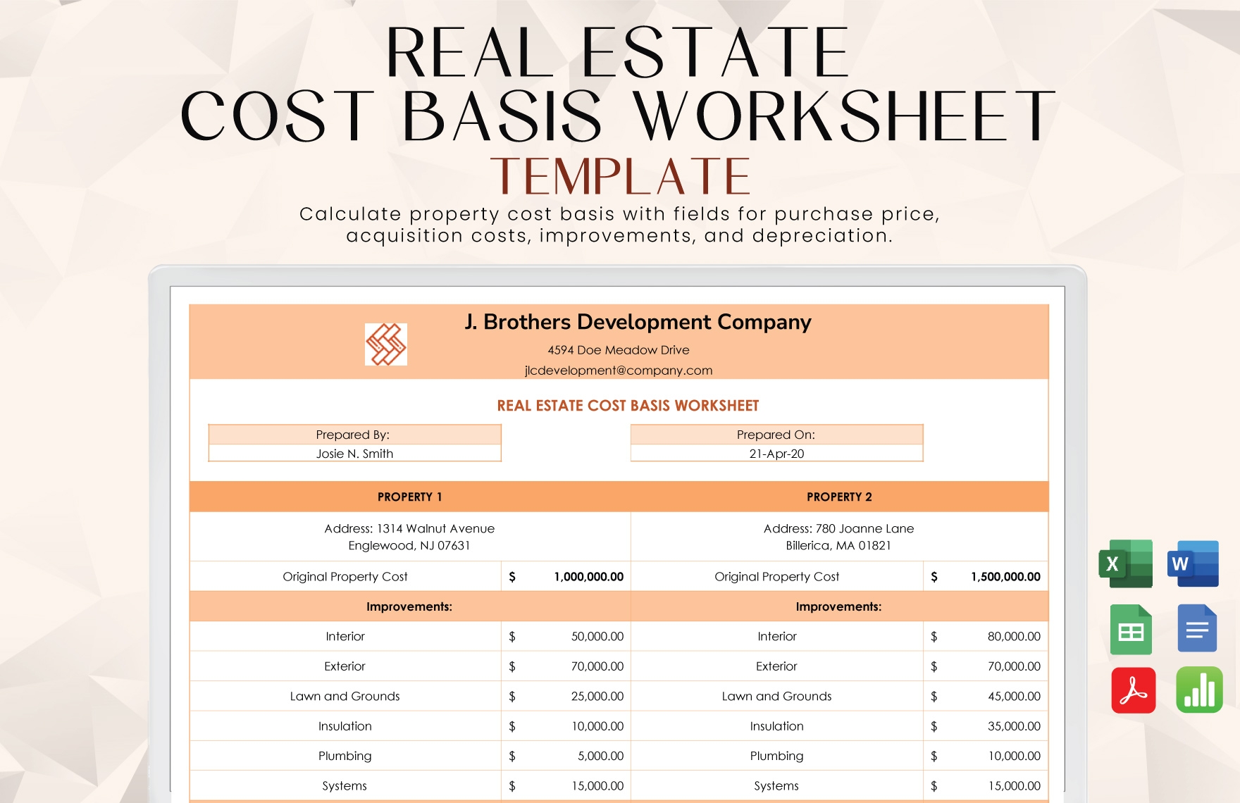 Real Estate Cost Basis Worksheet Template In Apple Numbers Word Google Docs Excel Google Sheets PDF Download Template