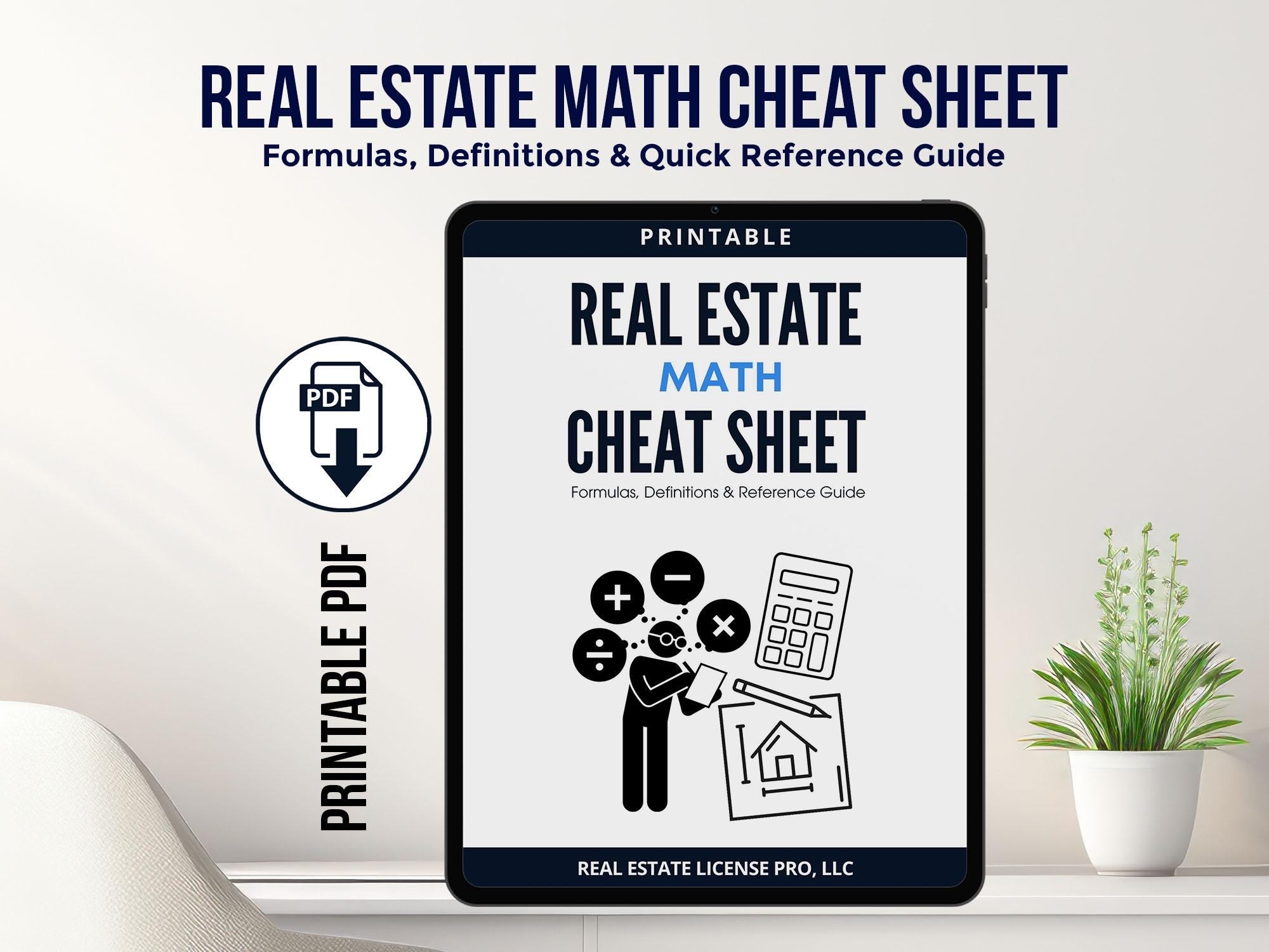 Real Estate Math Formulas Real Estate Exam Math Cheat Sheet Printable Real Estate Exam Prep Etsy UK