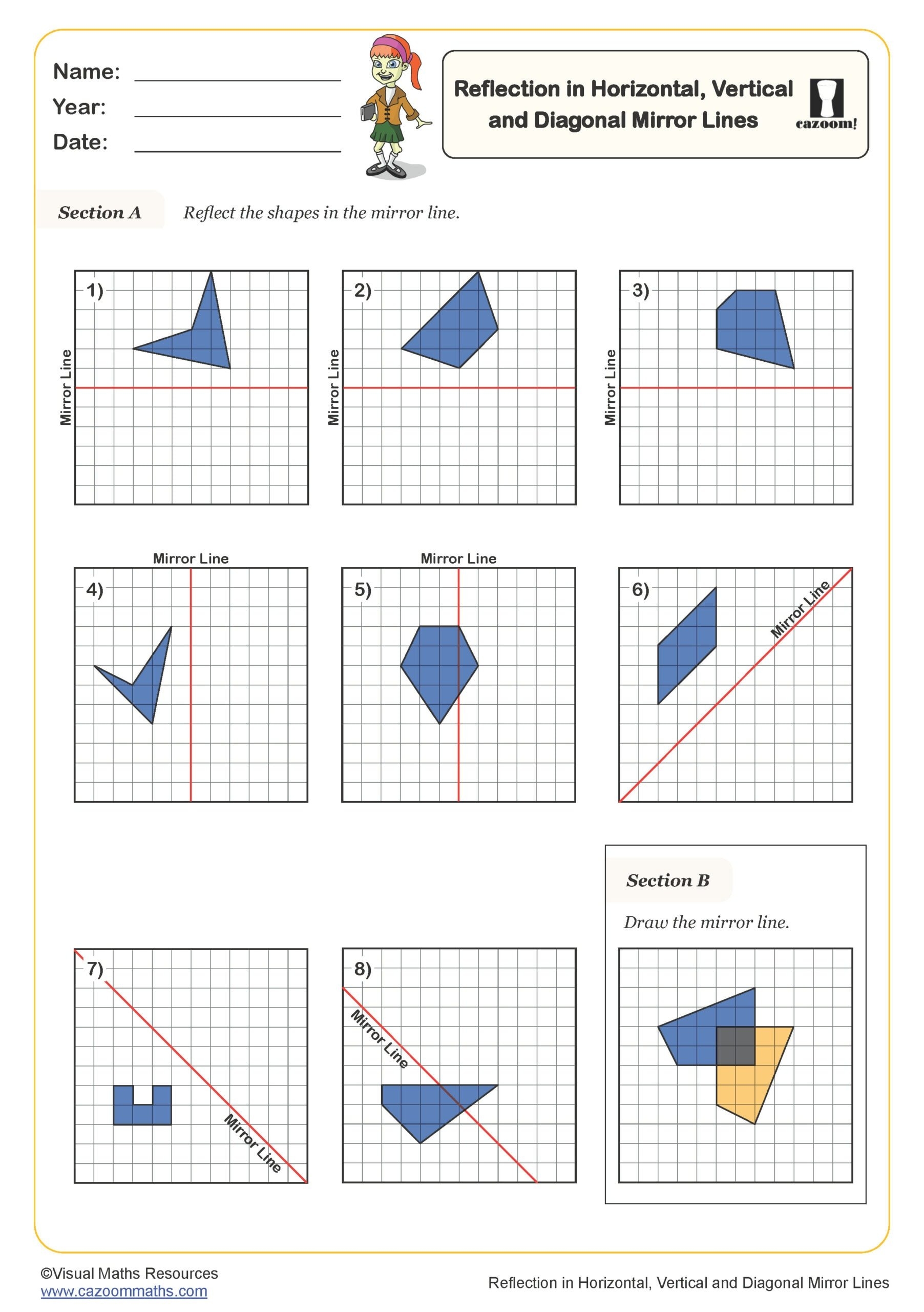 Reflection In Horizontal Vertical And Diagonal Mirror Lines Worksheet Key Stage 2 PDF Geometry Worksheets