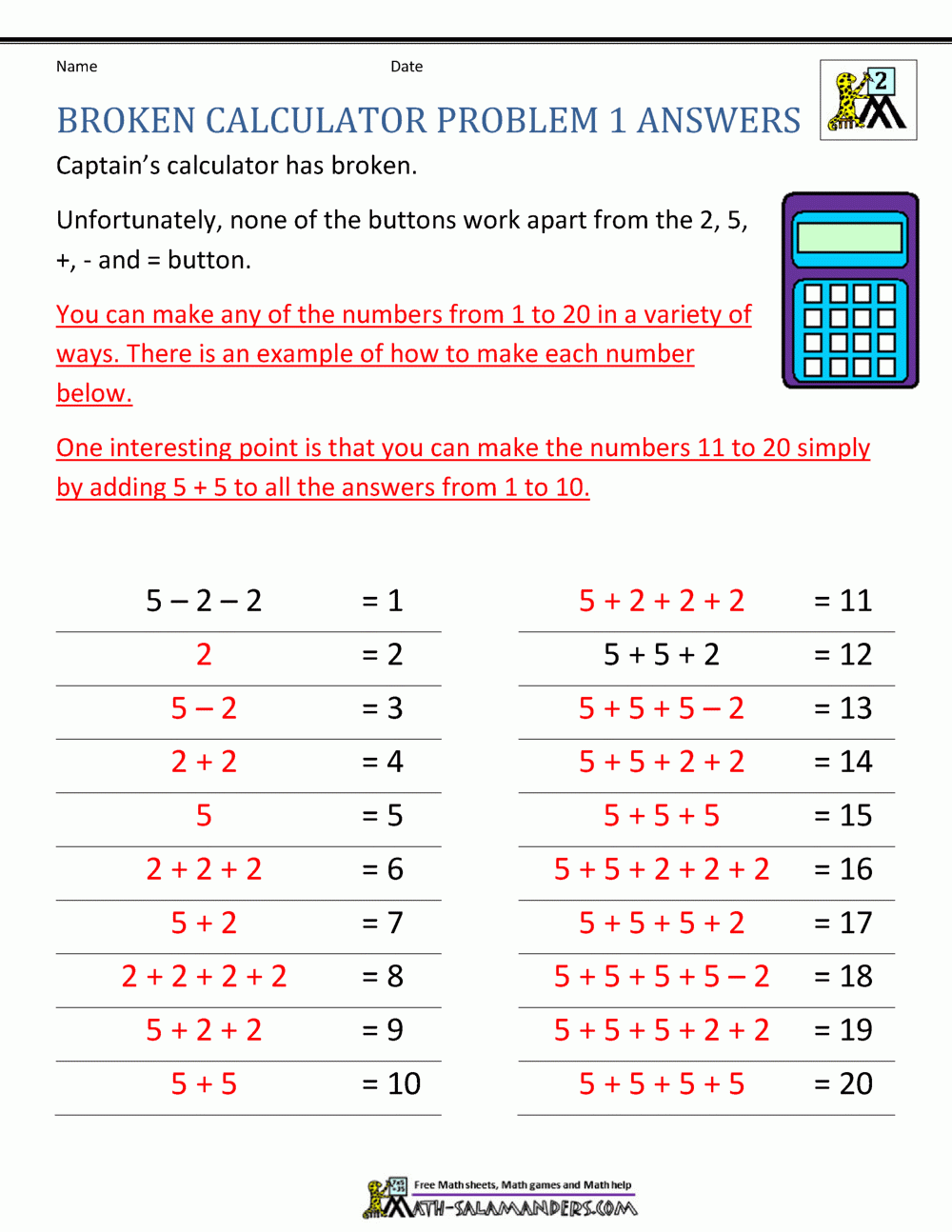 Calculator Math Worksheets