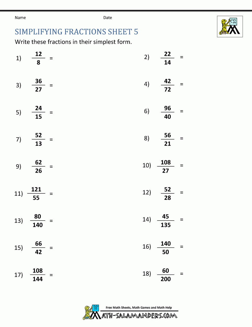 Maths Fraction Worksheets For Class 5