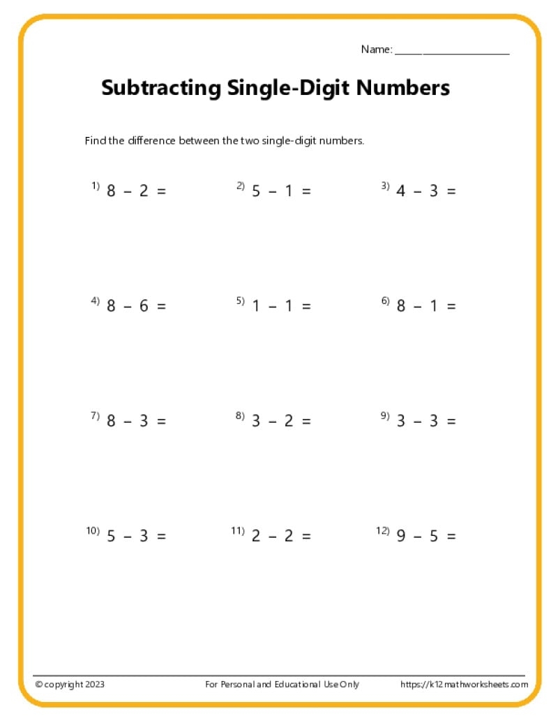 Single Digit Subtraction Worksheets K12 Math Worksheets