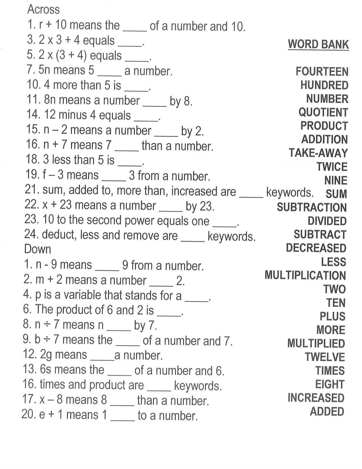SOLUTION Translating And Evaluating Algebraic Expressions Study Worksheets Library