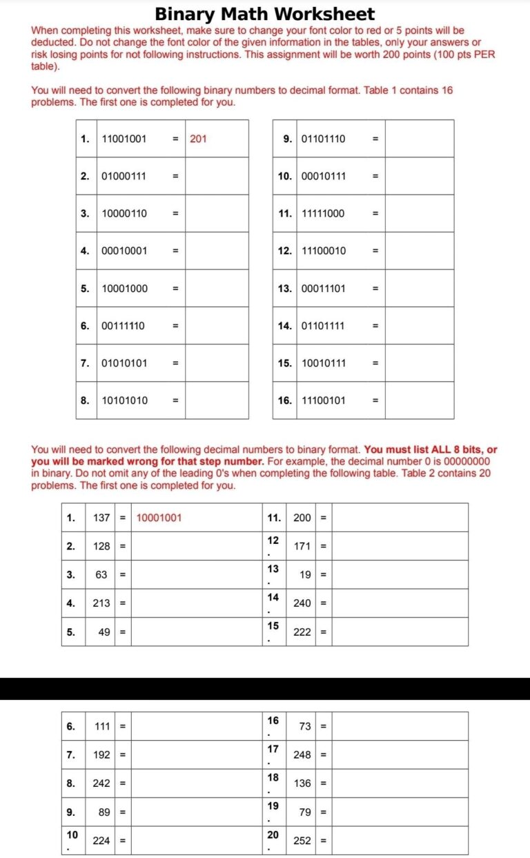 Solved Binary Math Worksheet When Completing This Worksheet