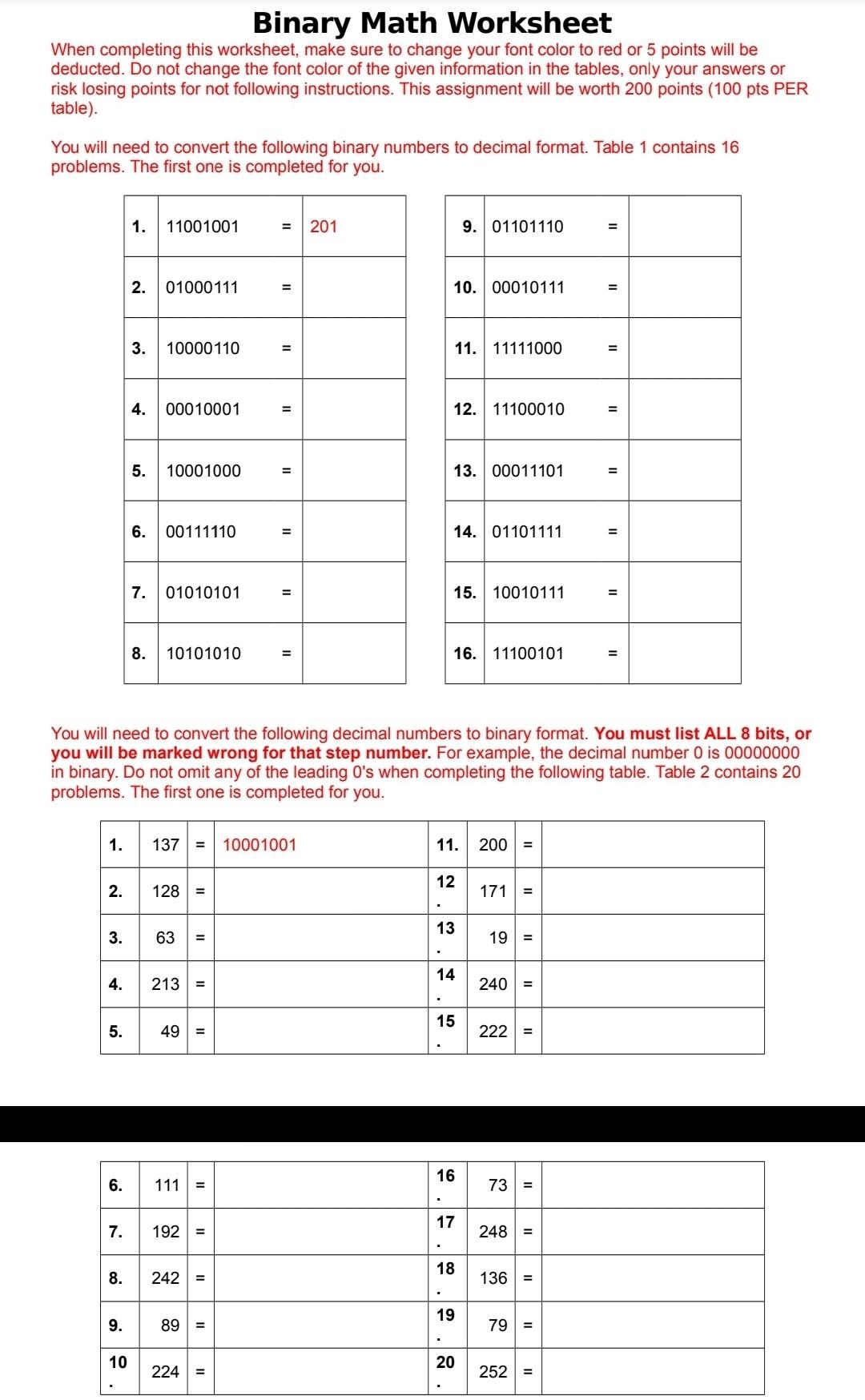 Solved Binary Math Worksheet When Completing This Worksheet 