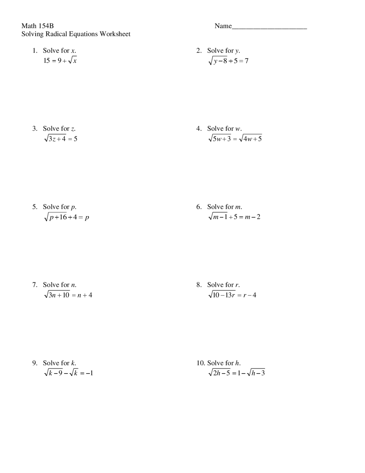 Solving Radical Equations Worksheet Study Notes Algebra Docsity