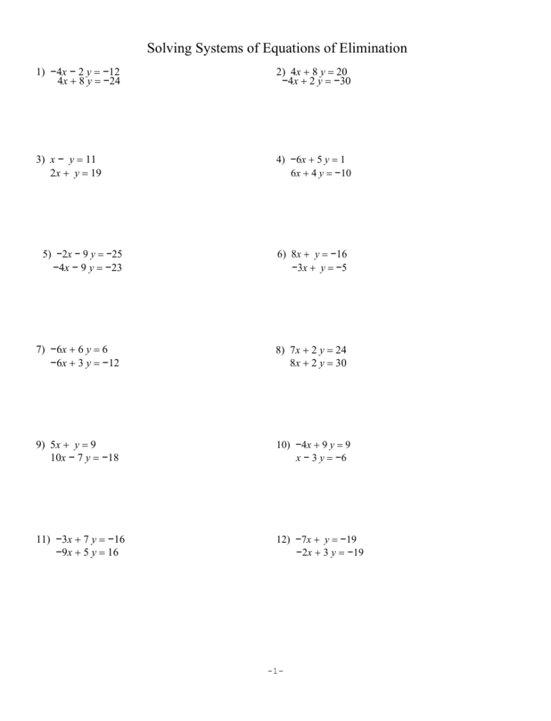 Elimination Math Worksheets