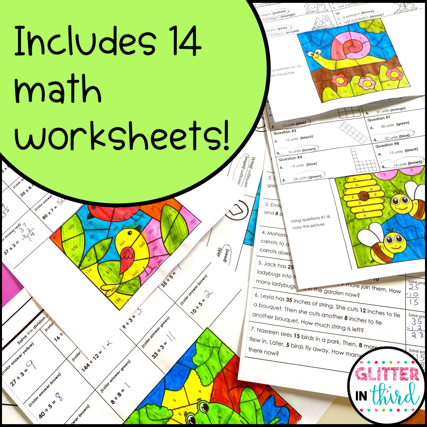 Spring Math Worksheets No Prep Color By Number Glitter In Third