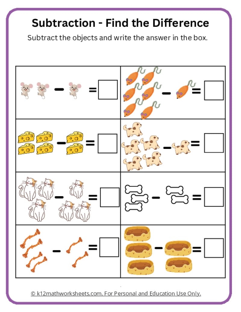 Kindergarten Worksheets Math Subtraction
