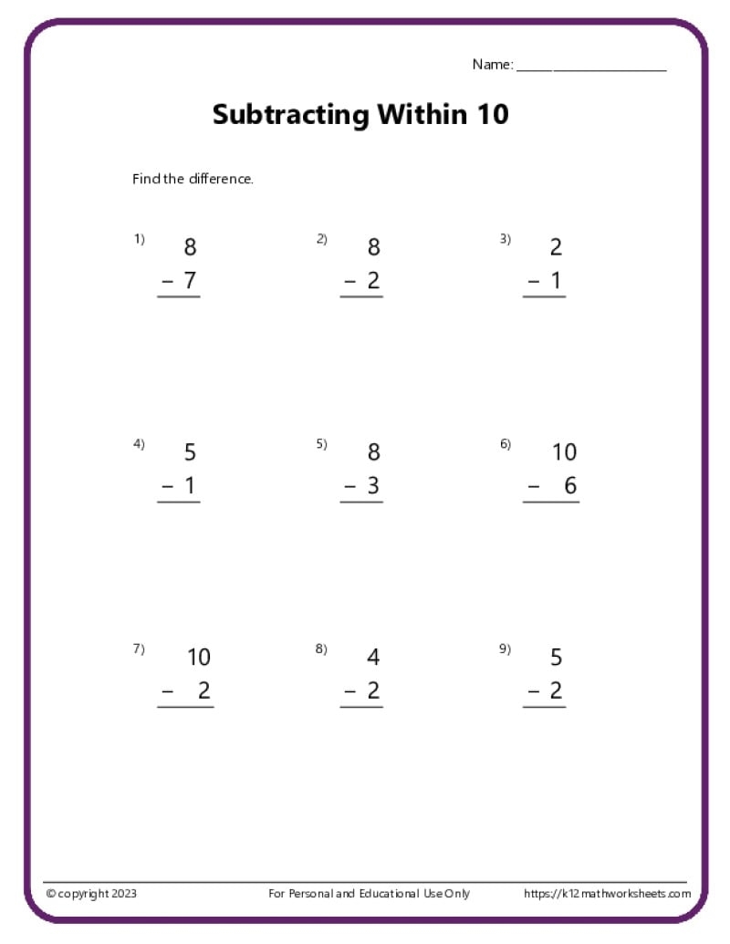 Subtract Within 5 10 And 20 K12 Math Worksheets