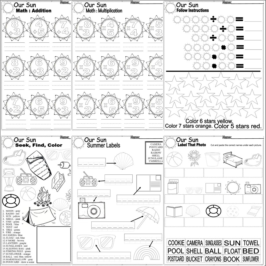 SUN Theme NO PREP Activity Worksheets Writing Vocabulary Math ELA 