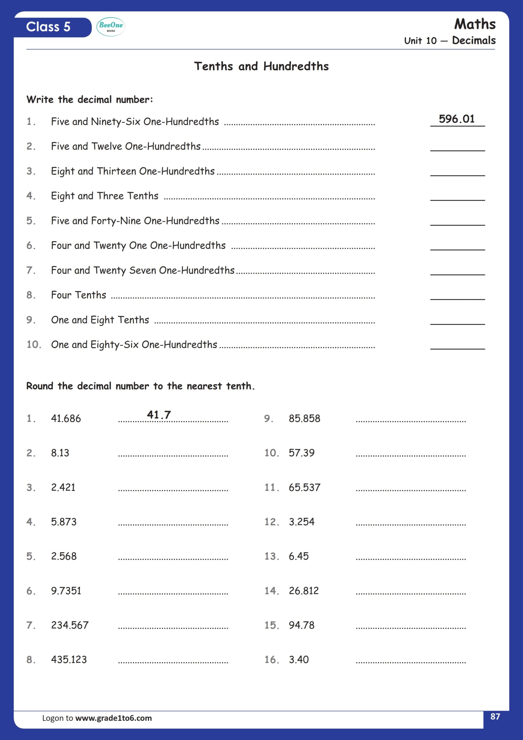 Tenths And Hundredths CBSE Class 5 Maths Worksheet