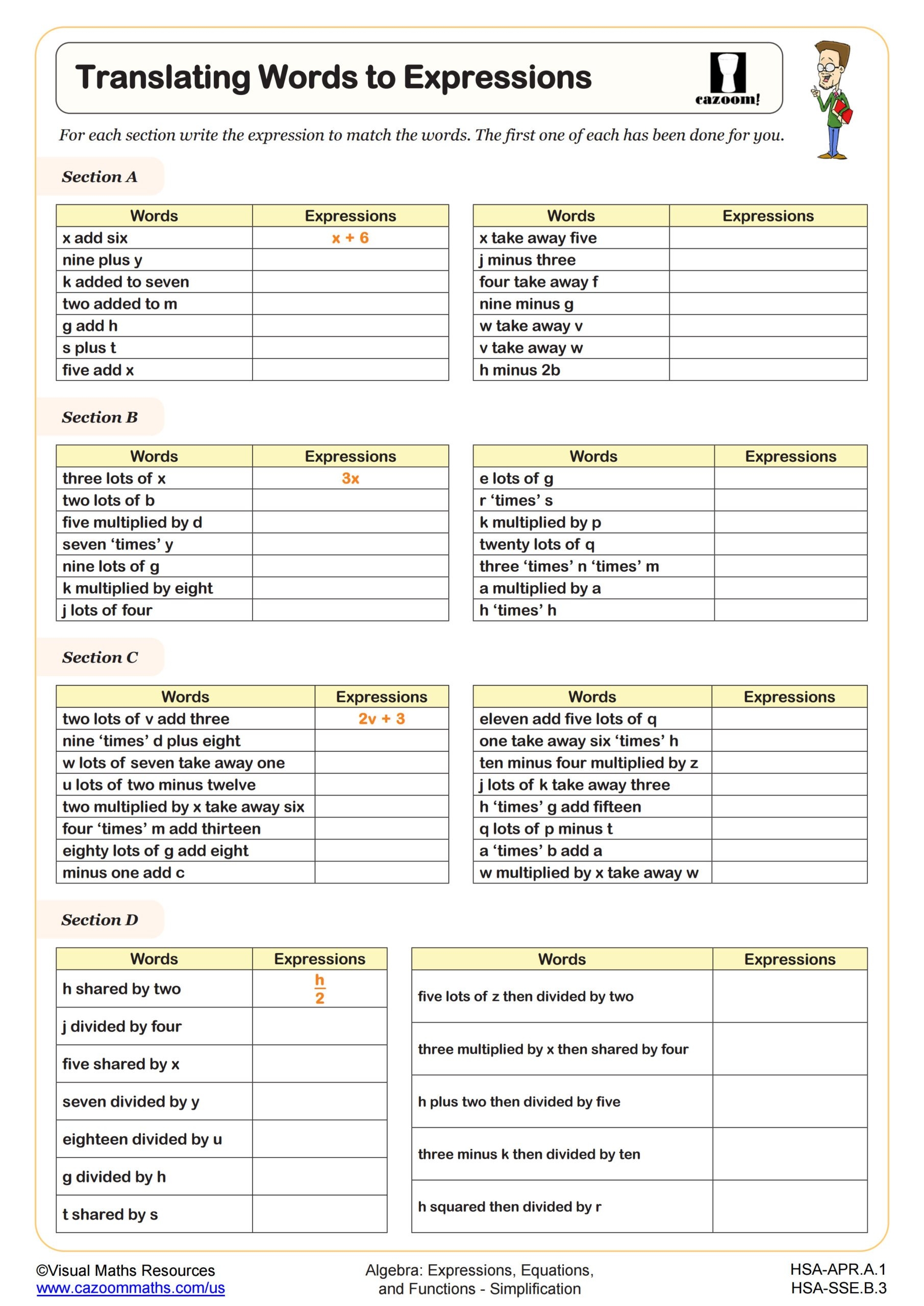 Translating Words To Expressions Worksheet PDF Printable Algebra Worksheet