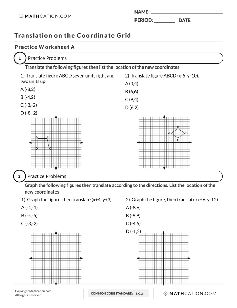 Translation In Math Worksheets Definition And Examples