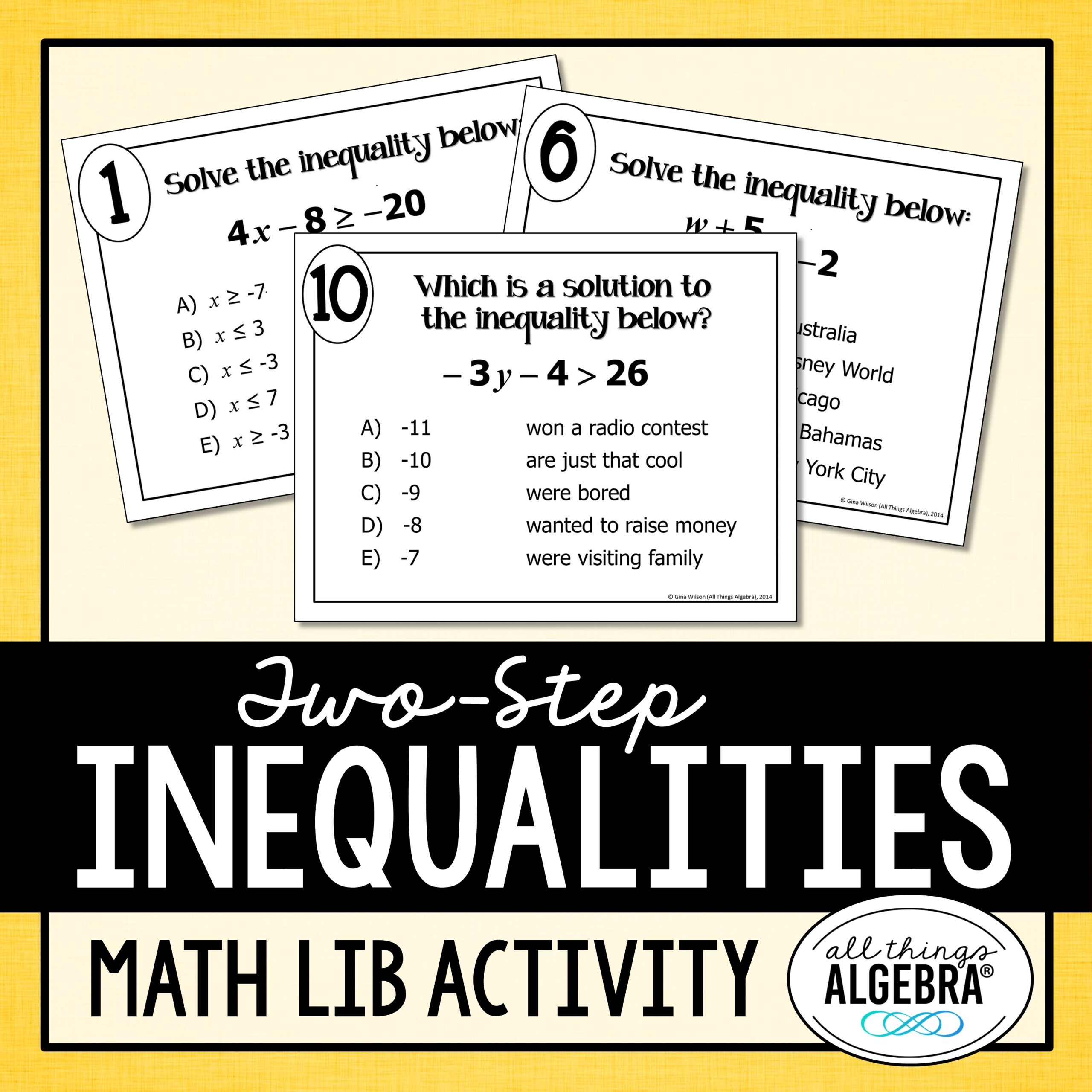 Two Step Inequalities Math Lib Activity All Things Algebra 